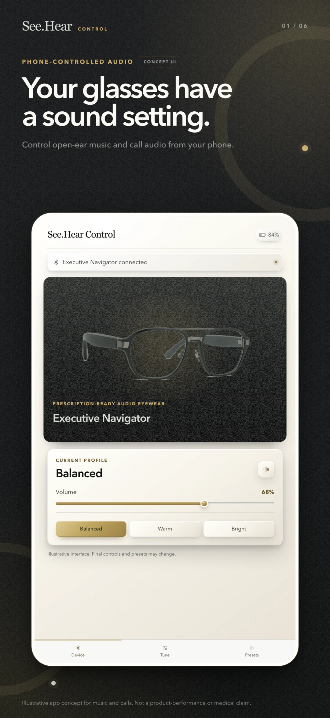 Illustrative See.Hear Control concept showing Executive Navigator glasses, Balanced, Warm, and Bright sound profiles, and volume control.