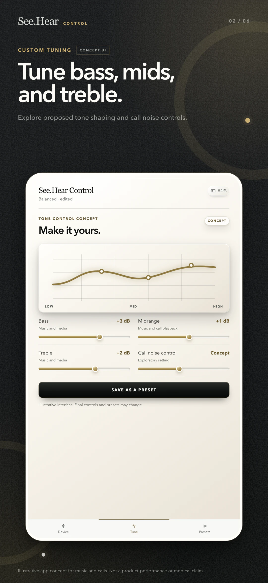 Illustrative See.Hear Control concept with bass, midrange, treble, and exploratory call-noise controls.