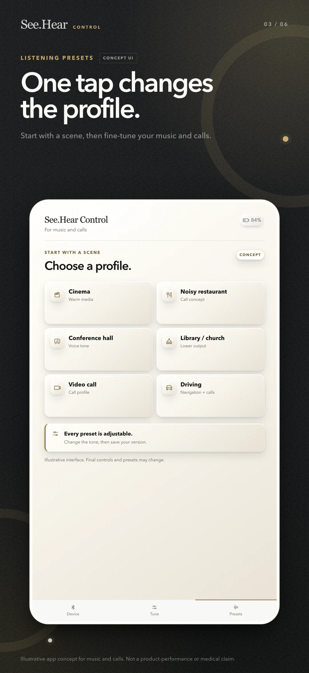 Illustrative See.Hear Control concept with Cinema, Noisy restaurant, Conference hall, Library or church, Video call, and Driving profiles.