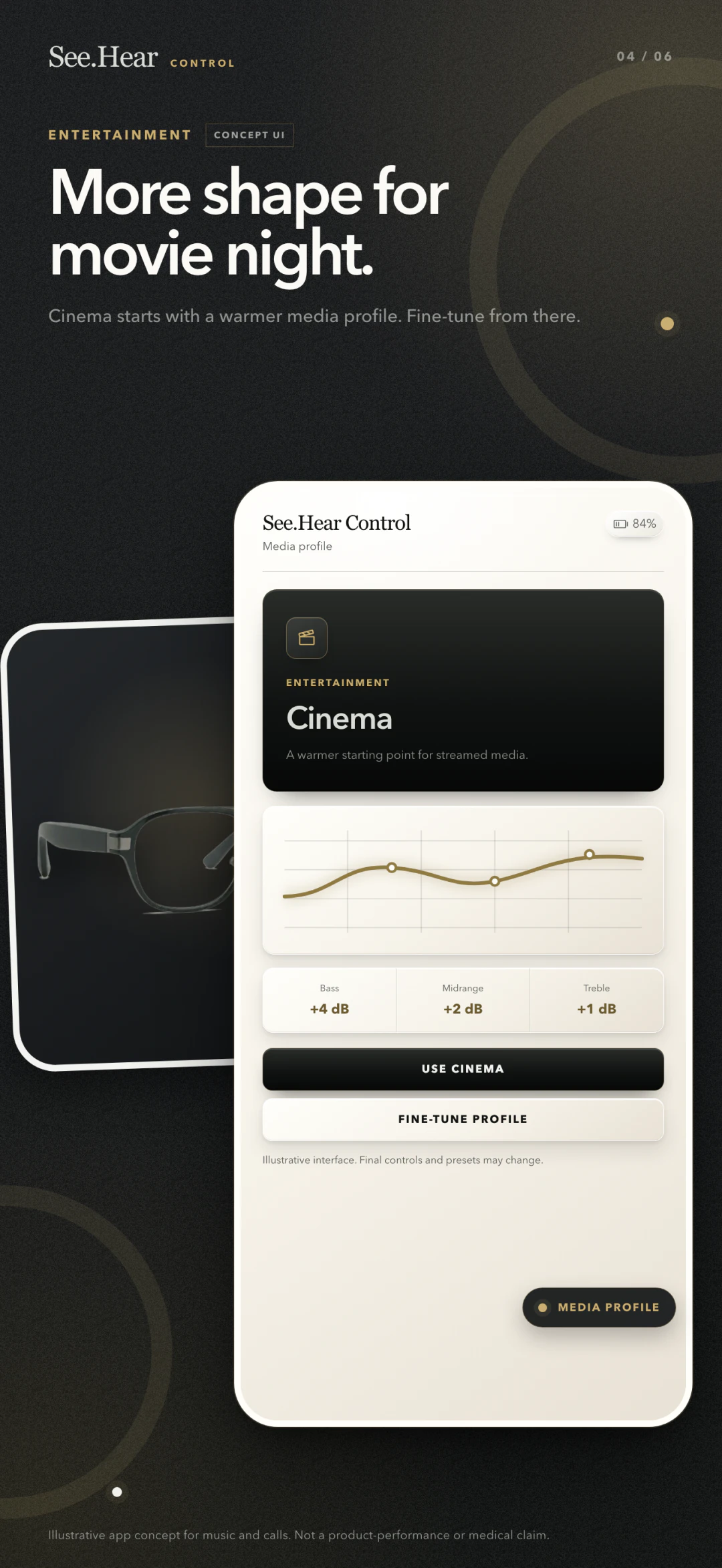 Illustrative See.Hear Control Cinema profile concept with a warm EQ curve and bass, midrange, and treble values.